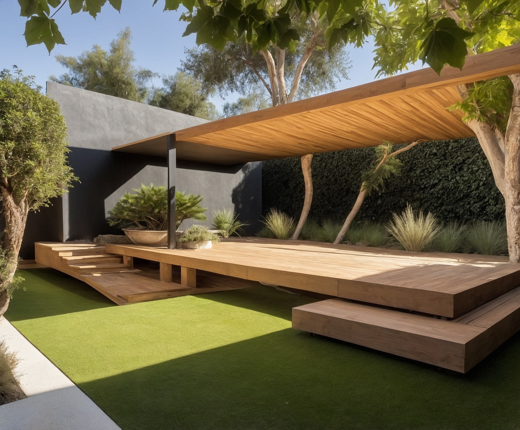 Renovación jardín con césped artificial y madera